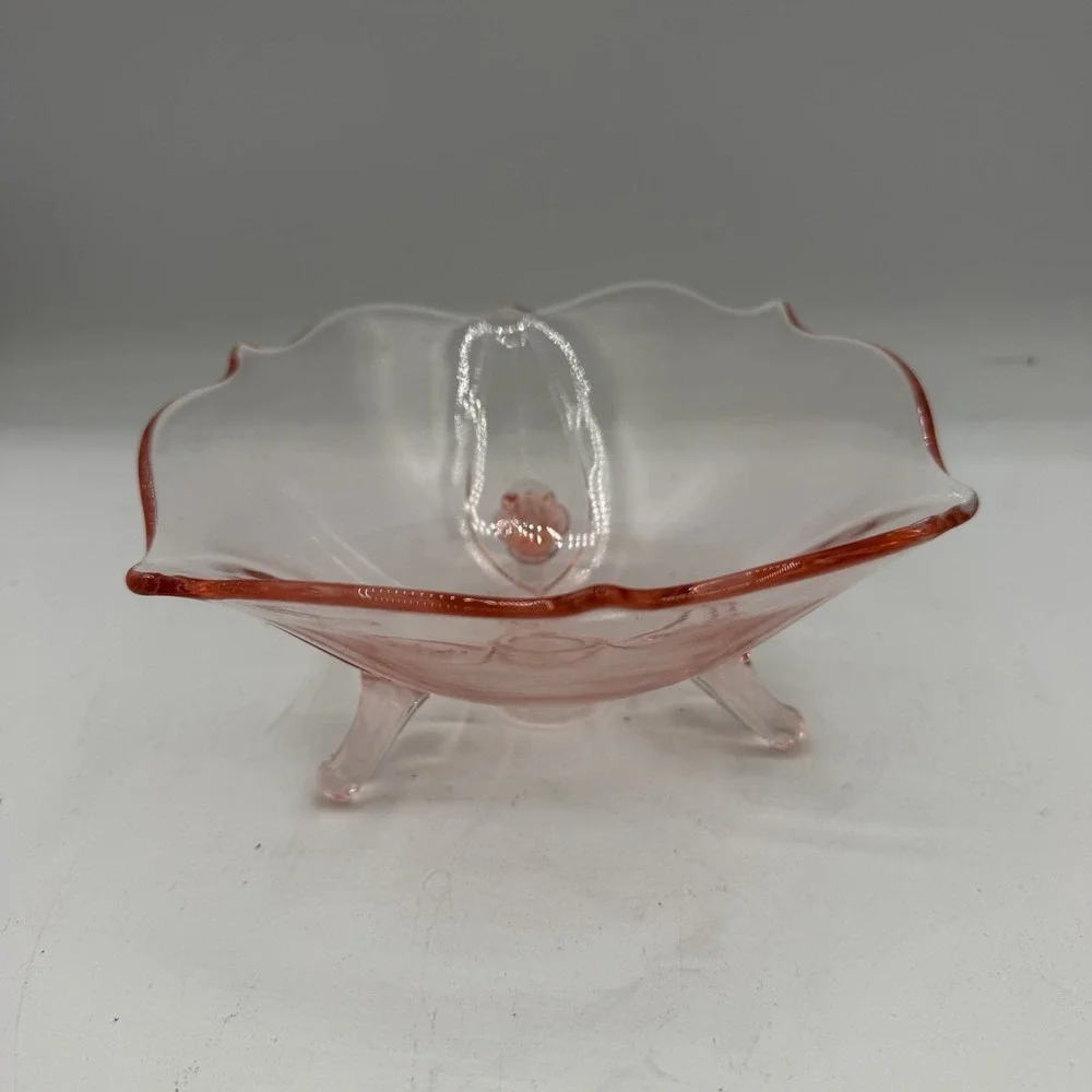 Vintage Lancaster Pink Depression Glass Bowl Petal Rim 3-Footed Dish Candy